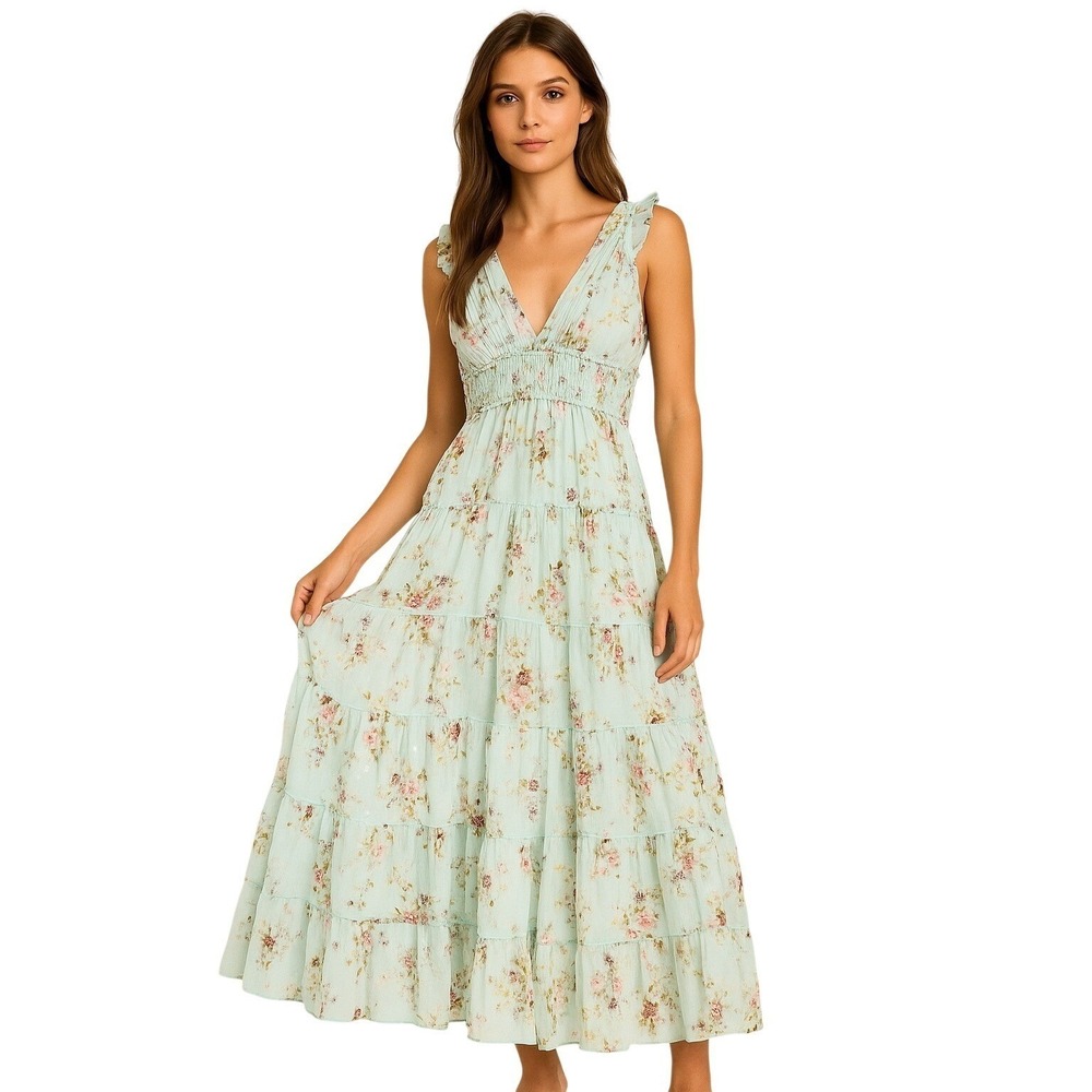 MISS‎ JUNE PAIRS Floral Maxi Dress Pastel Mint Sage Green Smocked Tiered Ruffle